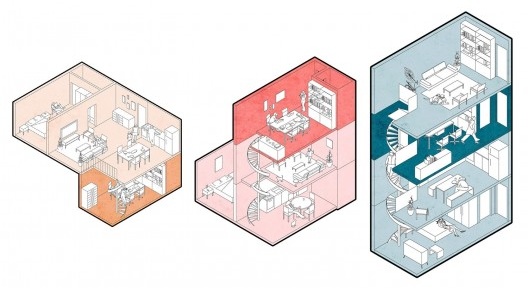 H.O.M.E. — Housing and Office Modular Environment, isométrica conceitual das tipologias mistas: habitação + escritório, São Paulo, 2020. Arquitetos Ricardo Gonçalves, Matheus Marques, Rolando Figueiredo e Luisa Favilla / Hiperstudio