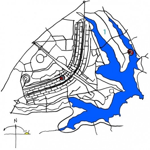 Sarah Brasília Lago Norte, planta esquemática de localização, Brasília DF. 1. península norte; 2. centro de reabilitação; 3. Hospital Sarah de Brasília