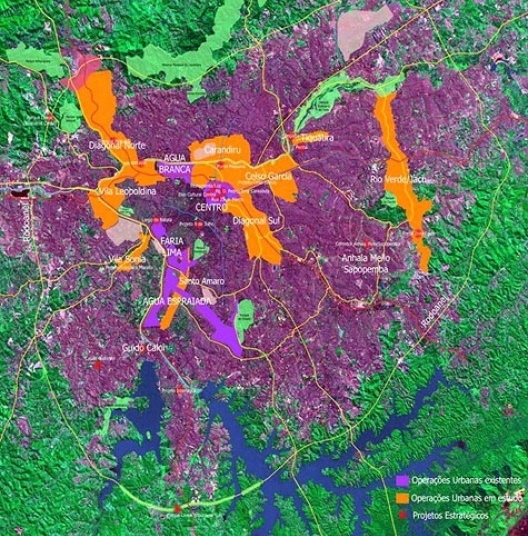 Plano Diretor Estratégico: operação urbana: localização das operações urbanas em São Paulo: vigentes (ocre); propostas no PDE 2002 (amarela)