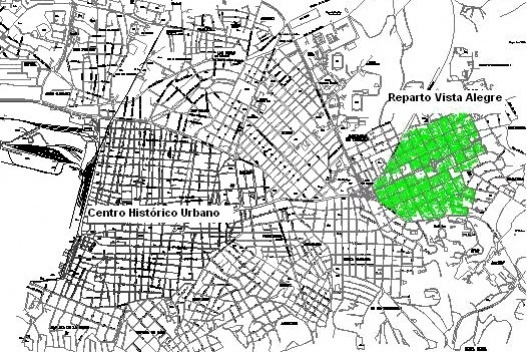Plano de la ciudad de Santiago de Cuba donde puede observarse la localización del reparto Vista Alegre con respecto al centro histórico urbano.
