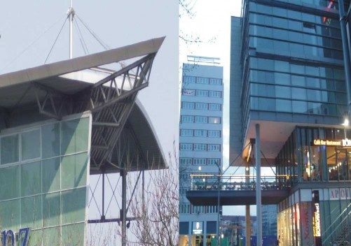 À esquerda, Edifício Administrativo da Mercedes Benz em Berlin, Alemanha. À direita, Café em Edifício de Escritórios em Dresden, Alemanha