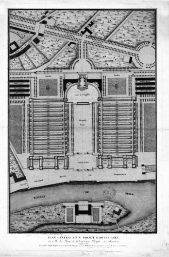 Hôtel-Dieu, planta, idealizado pelo membro da Academia Real de Ciências, M. Le Roy em 1773, projetado e desenhado pelo arquiteto Charles-François Viel em 1780