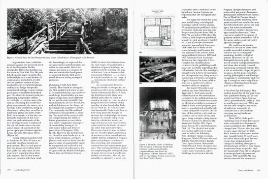 Página dupla do artigo “Defining the Sustainable Park: A Fifth Model for Urban Parks”, de Galen Cranz e Michael Boland, publicado no “Landscape Journal”