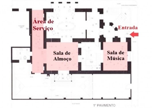 Palacete Bolonha, planta primeiro pavimento, com as localizações dos estuques estudados na sala de música, Belém PA Brasil, 1908. Engenheiro Francisco Bolonha
