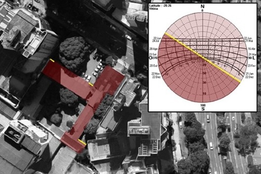 Fotografia aérea do antigo Jardim de Infância Maria Queiroz Lindemberg, fachada nordeste, e carta solar