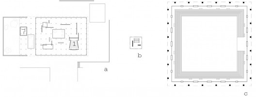 Plantas baixas esquemáticas. Projetos de L. Mies van der Rohe; a: Museu para uma Pequena Cidade, 1940-1943 (1: Auditório); b: Casa Núcleo, 1951-1952; c: Centro de Convenções, 1953-1954