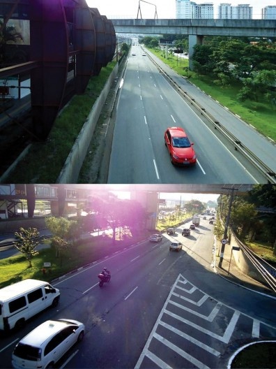 Marginal Pinheiros, sentido norte. Ao fundo, a saída da Ponte Transamérica, trecho onde o sentido da marginal passa a ser duplo. Na segunda imagem, a mesma no sentido norte, onde ocorre contato com os lotes lindeiros da via