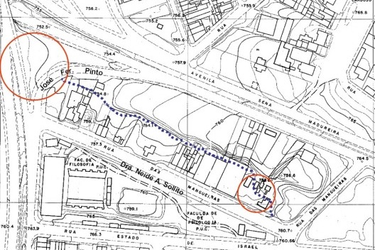 Última quadra atravessada pelo afluente do Sapateiro. Em destaque: Rua Dra. Neide A. Sollito, com ocupações na altura do no 250, e região onde se localizava a foz do afluente no córrego Sapateiro