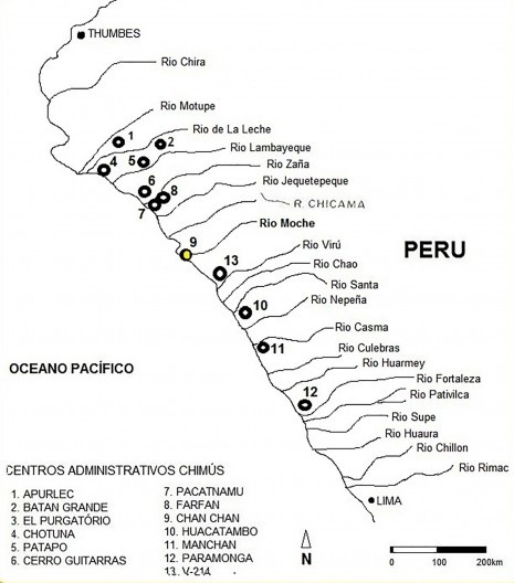 Esquema da localização dos centros administrativos da cultura Chimú