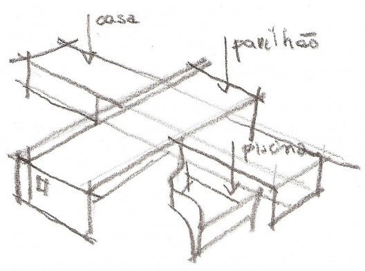 Croquis de Rafael Perrone a partir de desenho explicativo de Paulo Mendes da Rocha da Residência Silvio Antonio Bueno Neto (Casa de Catanduva), 1979
