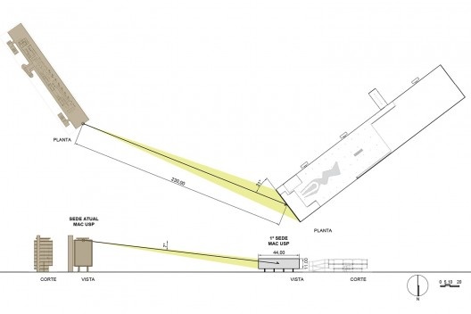 Desenhos da projeção da sede atual do MAC USP sobre a fachada da 1a. sede