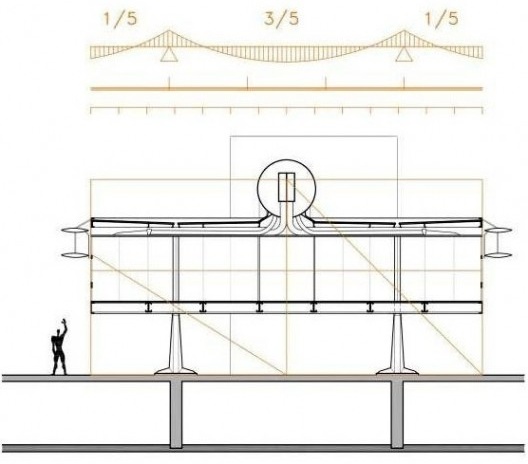Acima circulação proposta e estrutura. Abaixo estudo da geometria sobre a malha da modulação proposta