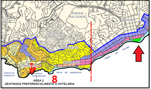 Recorte no mapa de gabaritos do PDDU de Salvador. Destaque (seta vermelha) no trecho da Pituba. Recorte e seta pela autora