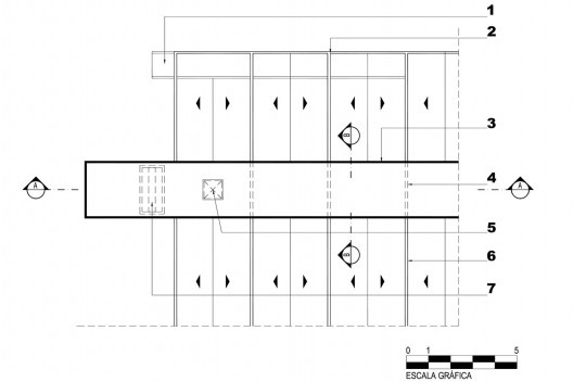 Planta parcial da cobertura e pórtico: 1. gárgula; 2. viga de borda da laje plissada; 3. viga superior 2,50m X 3,58m; 4. projeção dos septos; 5. alçapão de acesso 80cm X 80cm; 6. laje plissada; 7. pilar 2,50m X 3,98m e projeção do pêndulo