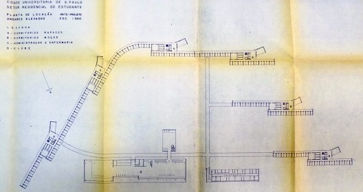 Setor Residencial do Estudante da Cidade Universitária de São Paulo, planta de locação andares elevados, 1953. Arquiteto Rino Levi