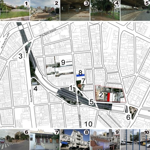 Vazios e equipamentos do Bixiga: 1) vazio próximo à rua Major Diogo; 2) terreno vizinho ao Teatro Oficina; 3) rua Santo Antônio; 4) praça Ítalo Bagnon; 5) rua Jaceguai; 6) praça Pérola Byington; 7) Casa de Dona Yayá; 8) Teatro Brasileiro de Comédia; 9) ga