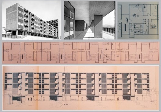 Planta baixa do pavimento tipo dos apartamentos do bloco B, com fachada principal e detalhes da solução em planta e fotografias do edifício recém inaugurado. A autoria do projeto é do Grupo LIGS / Lopez Iñigo, Giráldez e Subías