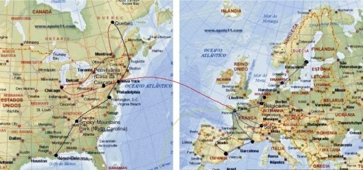 Viagem de Rodolpho Ortenblad Filho pelos Estados Unidos e Europa, com percurso recuperado a partir das entrevistas