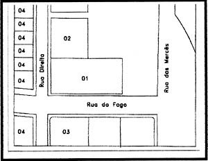 Disposição hipotética do Ponto de Cem Réis antes da demolição da Igreja do Rosário. 1. Igreja do Rosário; 2. Residência; 3. Correio da Manhã; 4. Casario