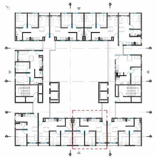 Complexo Habitacional Júlio Prestes, unidade analisada destacada, São Paulo SP Brasil, 2016. Arquitetos Mário Biselli e Artur Katchborian/ Biselli Katchborian Arquitetos Associados