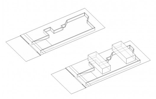 Residência KS, acima à esquerda semi subsolo, garagem, ateliê e escritórios e abaixo à direita térreo semi elevado, áreas sociais e de convívio [estar na porção frontal e cozinha no fundo], Natal RN, 2016. Arquitetos Alexandre Brasil, Paula Zasnicoff e Ra