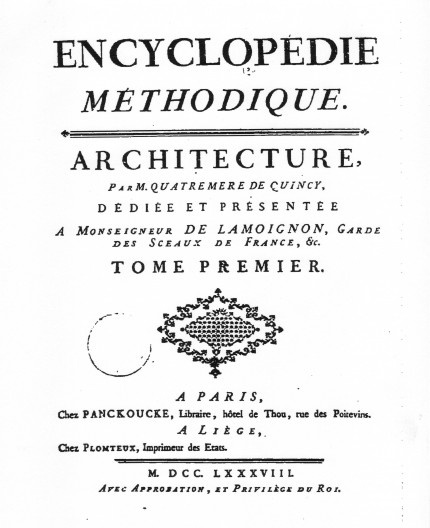 Capa da Encyclopédie Méthodique: Architecture. Liège: chez Panckoucke, Tome I, 1788, de Quatremère de Quincy