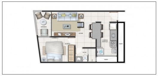Planta humanizada, apartamento do Riacho Doce Beach Residence Flat (46,00m², 01 dormitório), em construção na ocasião da pesquisa, Maceió, 2015