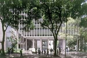 Edifício do Ministério da Educação e Saúde, Rio de Janeiro. Lúcio Costa, Oscar Niemeyer, Jorge Moreira, Carlos Leão, Hernani Vasconcelos e Affonso Reidy, 1936