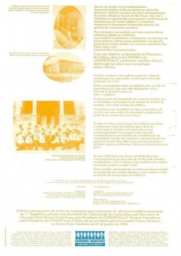 Folheto distribuído no evento de assinatura do Memória Escolar em 25 de janeiro de 1986