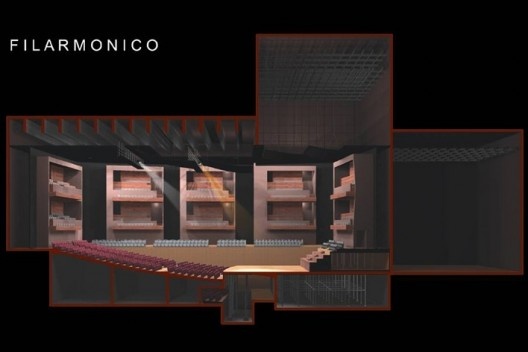 Cidade da Música, corte do auditório na configuração “filarmônico”, Rio de Janeiro. Arquiteto Christian de Portzamparc