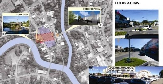 Locação das diretrizes macro e fotos a situação atual de quadra. Espaço do antigo centrinho em conexão com a Thapyoka e a antiga ponte das lembranças.