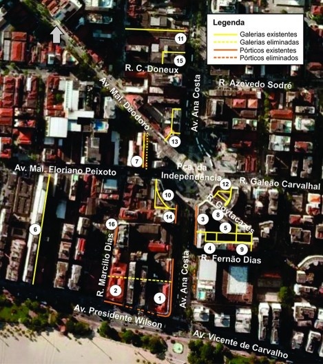 Sistema de pórticos e galerias do Gonzaga, Santos SP Brasil. Edifícios Hotel Atlântico (1), Hotel Avenida Palace (2), Independência (3), Dom Pedro I e 7 de Setembro (4 e 5), Galeria A. D. Moreira e Vera Cruz (6 e 7), Dom Pedro II, José Bonifácio, Campos E