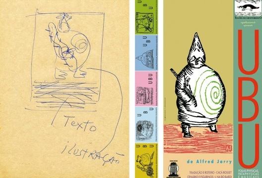 Estudo de Lina = Ubu, 1985; cartaz de Ubu – Folias Physicas, Pataphysicas e Musicaes com formato mais estreito possibilitou a impressão de 5 volantes diferentes, design Victor Nosek, 1985