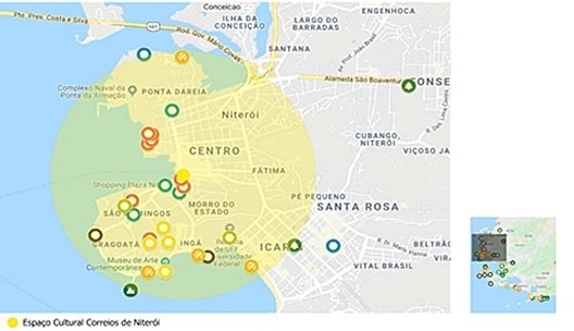 Concentração de pontos de interesse turístico num raio de 2km a partir do Espaço Cultural Correios de Niterói