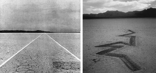 Mile-Long drawing, deserto Mojave,1969. Walter de Maria / Rift #1 – Nine Nevada Depressions, 1968. Michael Heizer