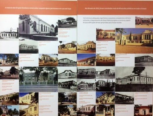 Imagem de painéis de exposição que sintetiza a pesquisa realizada para o tombamento das escolas públicas e que está instalado na sala de reuniões do Conselho do Condephaat