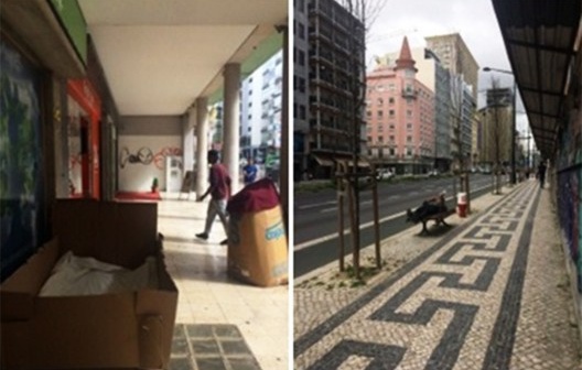 Sinais de habitação sem moradia na cidade de Lisboa, Portugal: cobertores numa calçada; homem coberto e deitado sob marquise; manta cercada de papelão sob marquise; e homem dormindo em banco público a céu aberto