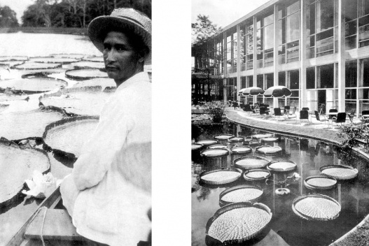 À esquerda, Lagoa do Amanium, perto do Igarapé de Barcarena, Manaus; à direita, Pavilhão Brasileiro na Feira Mundial de Nova York.Lúcio Costa, Oscar Niemeyer e Paul Lester Wiener, 1939
