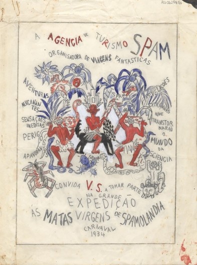 Agência de Turismo SPAM, convite para o segundo baile de carnaval do SPAM, “Expedição às matas virgens de Spamolândia”, fev. 1934