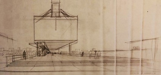 Perspectiva da igreja, detalhe de desenho original. Observar a vista do perfil da paisagem urbana ao fundo