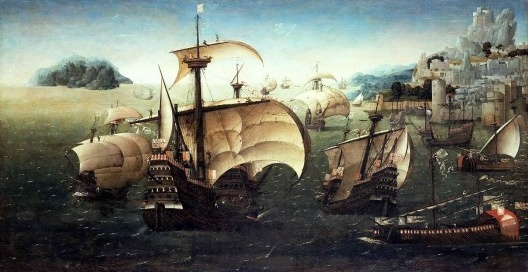 \"Portuguese Carracks off a Rocky Coast\", autor desconhecido. Óleo sobre tela, 78,7 cm x 144,7 cm. Coleção Caird, Museu Marítimo Nacional, Greenwich, Londres, Inglaterra