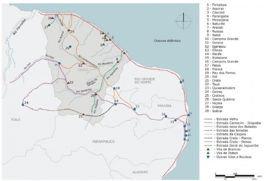 Mapa do Ceará, caminho das boiadas, século 18