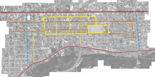 Proposta geral para a circulação nos bairros. Amarelo: Ciclofaxas; Vermelho: Ciclovia nas vias principais; Laranja: Ciclorotas partilhada com ônibus; Azul: Limite do setor