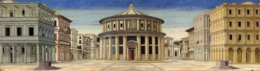 Cidade ideal, pintura atribuída Piero della Francesca (1420–1492) ou Francesco di Giorgio (1439–1501), têmpera sobre painel, c.1470
