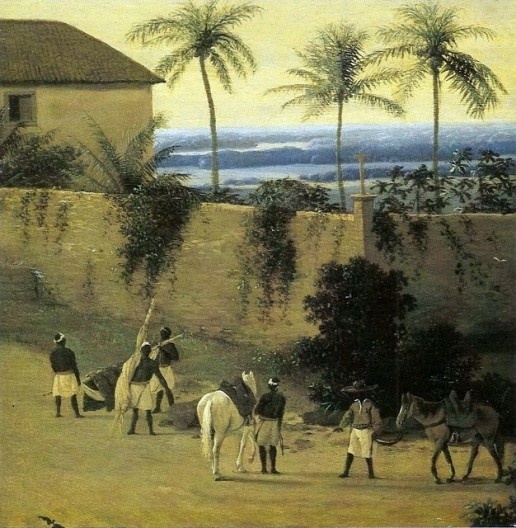 Frans Post, Muro com cavalos e escravos, óleo sobre madeira, c. 1655