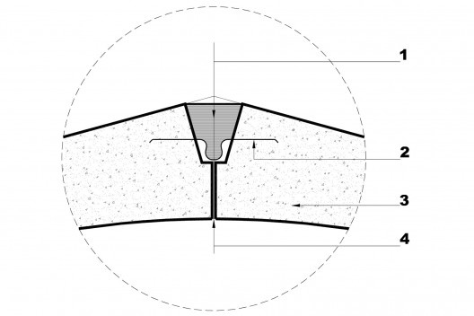 Detalhe da junta da laje plissada: 1. asfalto; 2. chapa de cobre 1mm; 3. concreto armado; 4. papelão para \"mata-junta\"