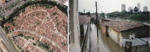 Tecido urbano atual:ocupação desordenada em direção ao Rio Jaguaribe, alta densidade e ausência de espaços públicos. Flagrante de enchente em áreas de risco