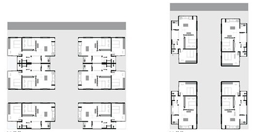 Implantações em grandes lotes: acima, 6 unidades de 98 m², abaixo, 6 e 4 unidades de 67 m²