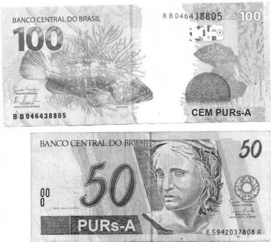 Cédulas de 100 e 50 PUR´s, moeda utilizada na disciplina