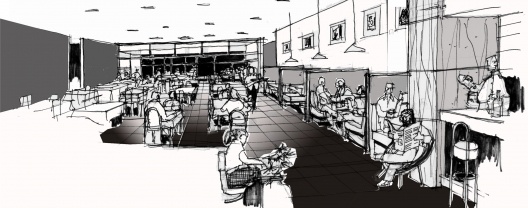 Nova Sede da AACRT – Associação dos Aposentados da Companhia Riograndense de Telecomunicações, croquis do restaurante. Moojen & Marques Arquitetos Associados + Arquiteto Cláudio Ferraro, 2008